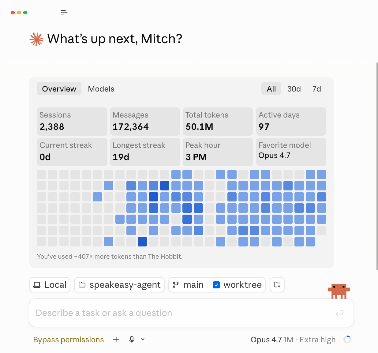 Claude Code on laptop — dashboard with sessions, tokens, contribution heatmap, and chat input